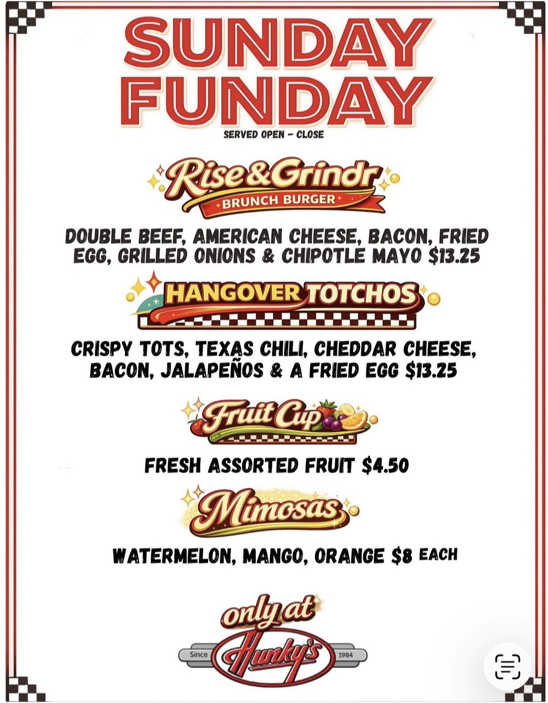 Sunday Funday menu at Hunky's Dallas — Rise & Grindr Brunch Burger, Hangover Totchos, fruit cup, and mimosas