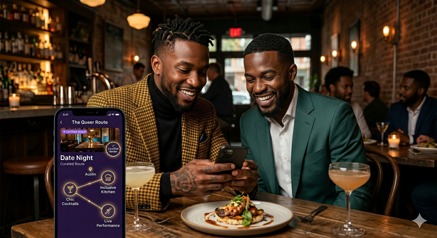 Two Black men laughing over dinner while viewing a Date Night curated route in The Queer Route app